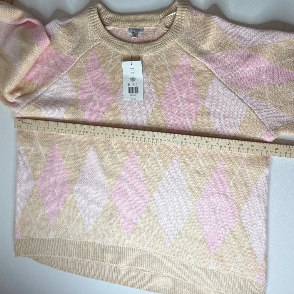 NWT Crown & Ivy Argyle Jacquard Crew Neck Sweater‎ Size 2X Coquette Preppy Comfy